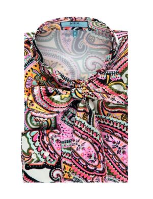 Women's yellow and fuchsia print Fitted Satin Pussy-Bow Blouse