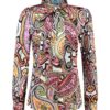 Women's yellow and fuchsia print Fitted Satin Pussy-Bow Blouse
