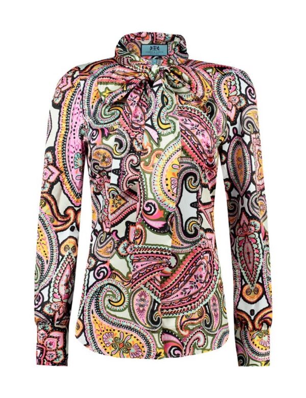 Women's yellow and fuchsia print Fitted Satin Pussy-Bow Blouse